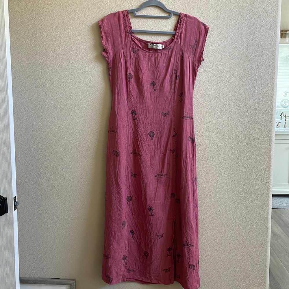 💟Potato brand, red 100% linen dress with graphic prints.